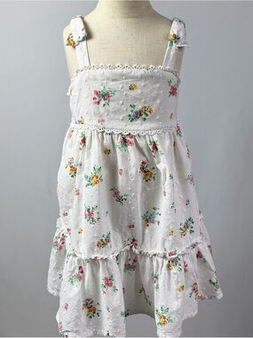 Shabby Chic White Eyelet Dress with Pink, Green & Yellow Floral Print